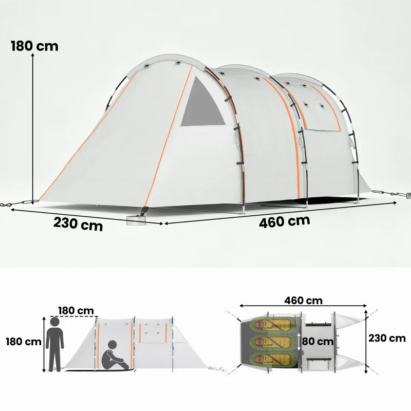 Outsunny Campingzelt für 3 Pers., abdunkelbare Fenster, wasserdicht, 180H x 460L x 230B cm, Khaki/Orange