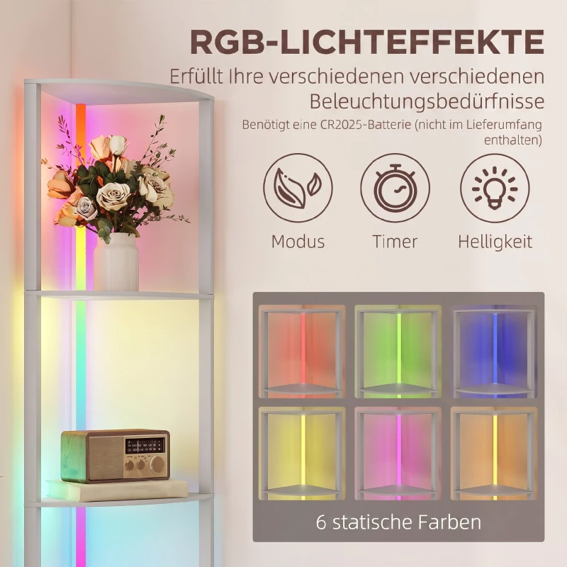 HOMCOM LED lampa stojąca 5-stopniowa ściemnialna z półkami, zmiana kolorów RGB, pilot
