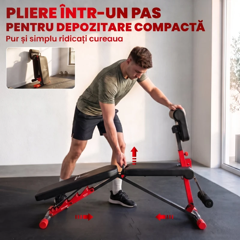 SPORTNOW Bancă de Greutăți Multifuncțională cu Spătar Reglabil 7 Niveluri, Pliabilă pentru Antrenament Acasă, Roșu