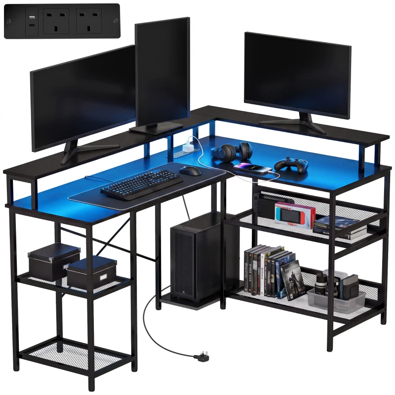 HOMCOM L Shaped Gaming Desk with LED Lights and Power Outlets, 150cm Corner Computer Desk for Small Space, Black