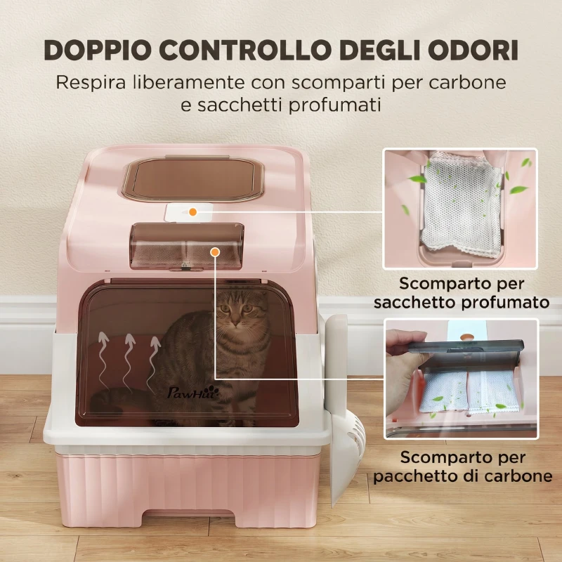 PawHut Lettiera per Gatti Chiusa con Vassoio Estraibile, Paletta e Deodorante, 48x35x36 cm, Rosa