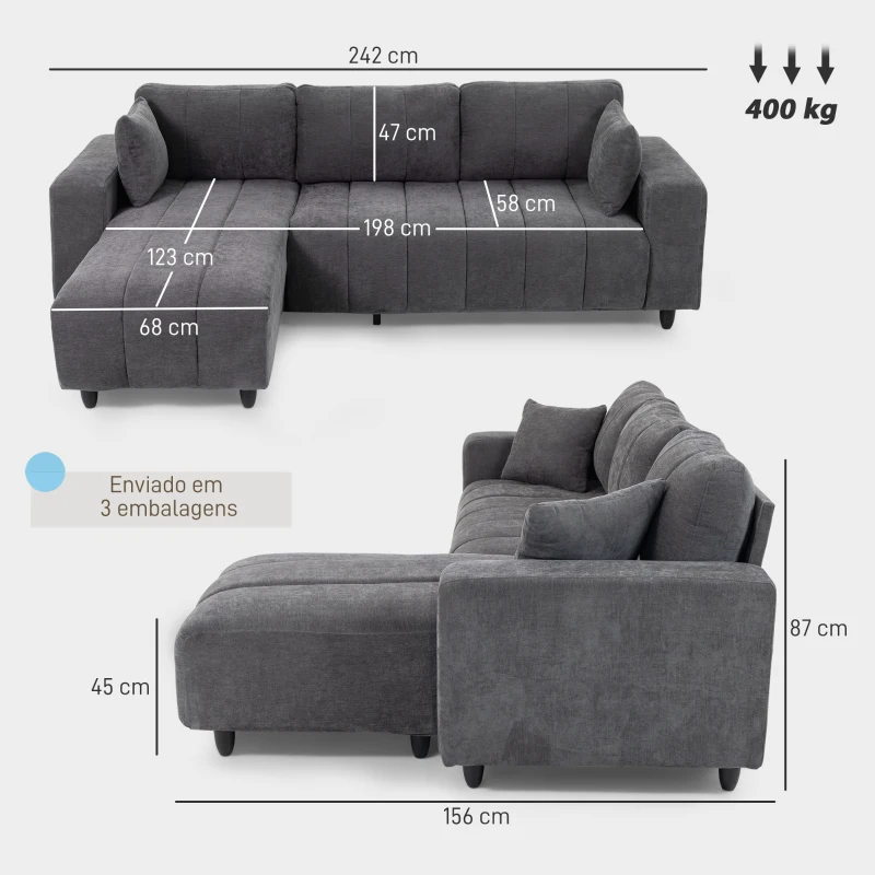 HOMCOM Sofá Chaise Longue Reversível 3 Lugares com 2 Almofadas Estofado em Linho e Estrutura em Aço 242x156x87 cm Cinzento Escuro