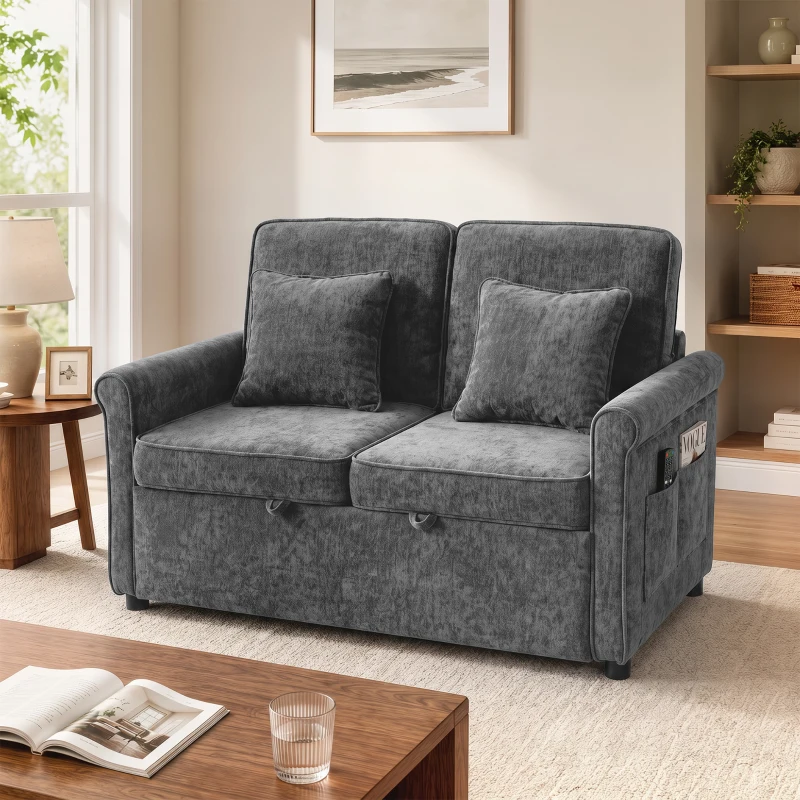 HOMCOM Sofá Cama 2 Plazas 3 en 1 con Respaldo Ajustable 5 Niveles Bolsillos Laterales 2 Almohadas para Sala de Estar Gris
