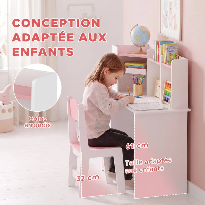 AIYAPLAY Bureau Enfant avec Chaise, Table d'Étude, Support de Tablette Réglable, Porte-Stylos, Panneau en Liège, 5-12 ans, Rose