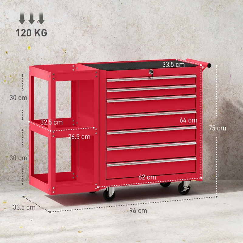 HOMCOM Cărucior pentru atelier Cărucior pentru scule cu 7 sertare raft lateral detașabil 4 roți cu frână de blocare, 96x33,5x75cm, Roșu