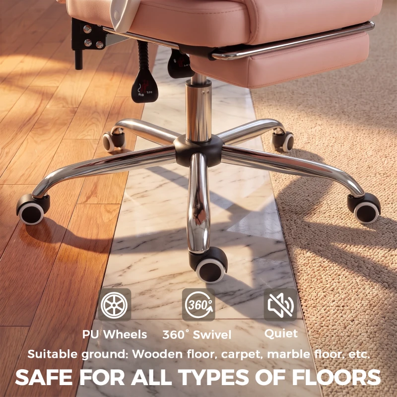 HOMCOM Chaise Bureau Ergonomique, Fauteuil de Bureau Inclinable en Cuir Synthétique Adapté aux Animaux, Hauteur Réglable, Rose