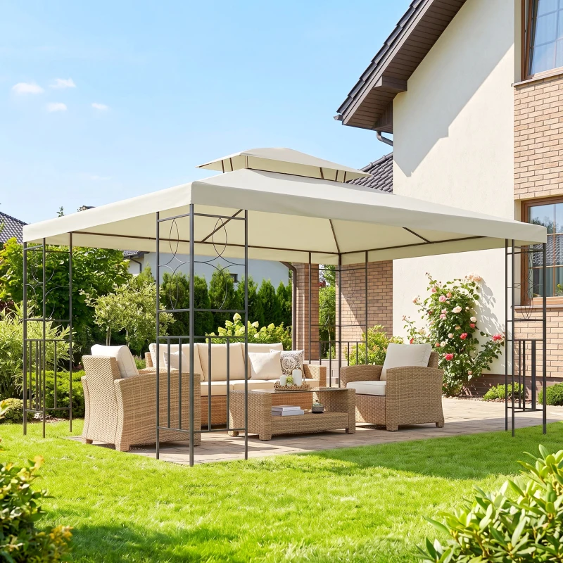 Outsunny Cenador de Jardín 3x4m Pabellón para Exterior con Doble Techo de Ventilación y 4 columnas de acero Estable para Fiestas Eventos Patio Crema