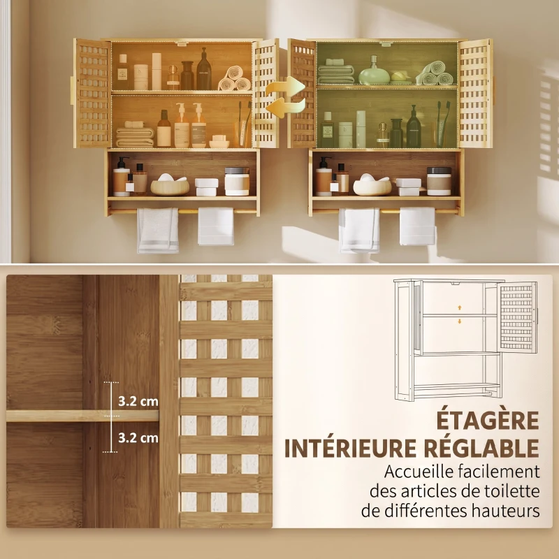 HOMCOM Armoire murale de salle de bain en bambou avec 2 portes ajourées, compartiment ouvert et étagère réglable, bois naturel