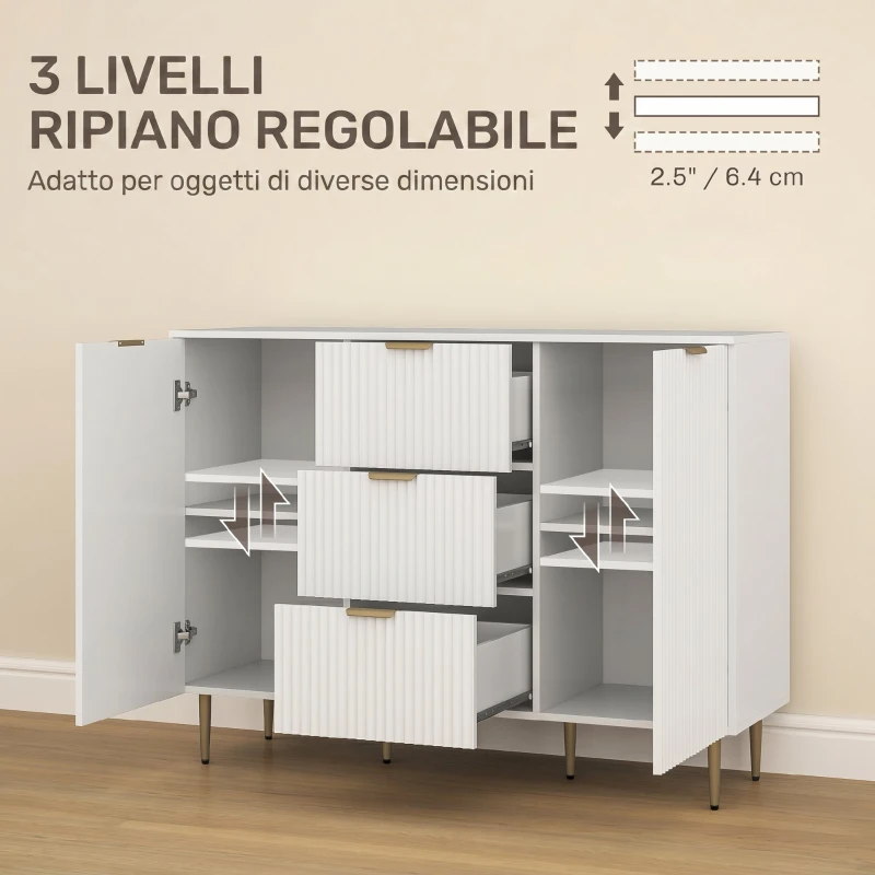 HOMCOM Credenza Moderna con 3 Cassetti, 2 Armadietti e Ripiani Regolabili, Legno e Metallo, Bianco