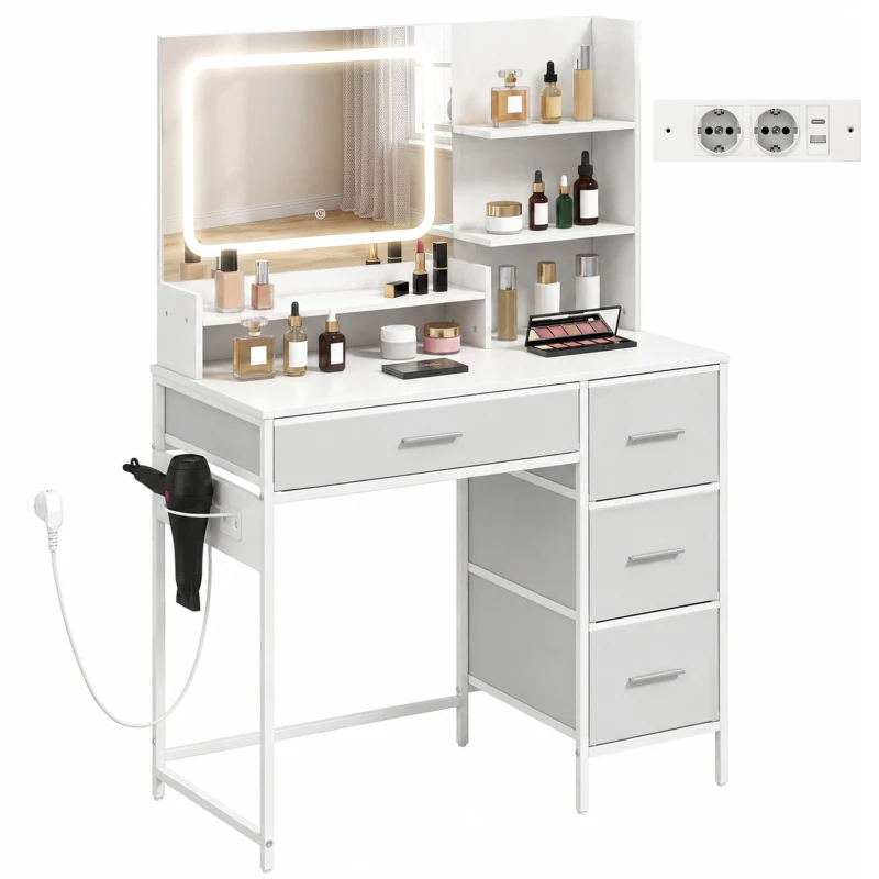 HOMCOM Masă de Toaletă Machiaj cu Oglindă LED 3 Culori, 4 Sertare și 5 Rafturi Deschise, 88x40x130 cm, Alb