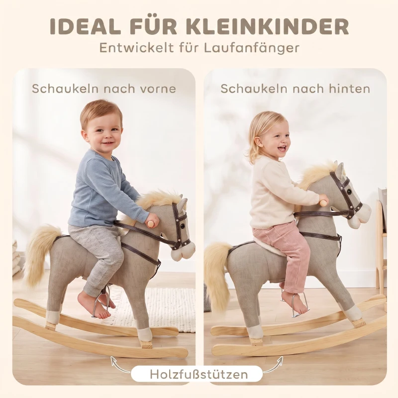 AIYAPLAY Schaukelpferd mit Sound und Sicherheitsgriffen, Reitpferd mit Holzgestell für Kleinkinder von 12–36 Monaten, Grau