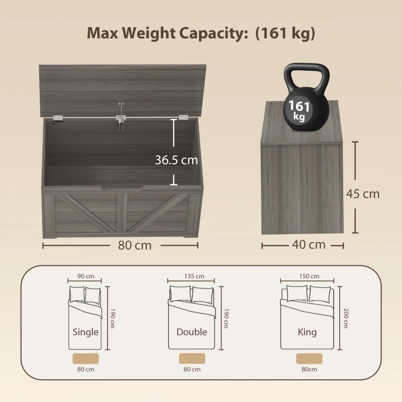 HOMCOM 100L Home Storage Box, with Safety Hinge - Dark Grey Wood-Effect
