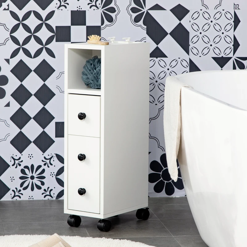 Kleankin Armário de Casa de Banho Móvel Auxiliar para Espaço Reduzido com Rodas Prateleiras Abertas Armário e Gaveta 18x30x68,5cm Branco