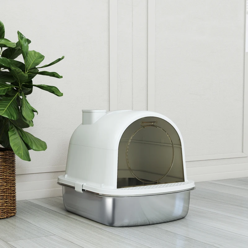 PawHut Lettiera Gatto Chiusa L in Acciaio Inox con Maniglia, Paletta, Pacchetto Deodorante, Antiperdita, Bianco