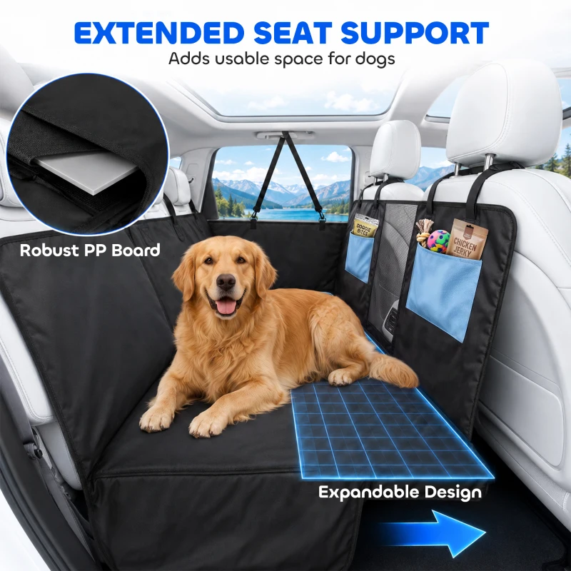 PawHut Dog Car Seat Cover, Waterproof Dog Travel Hammock w/ Non-Slip & Anti-Scratch Surface, Mesh Window and Pockets, Blue
