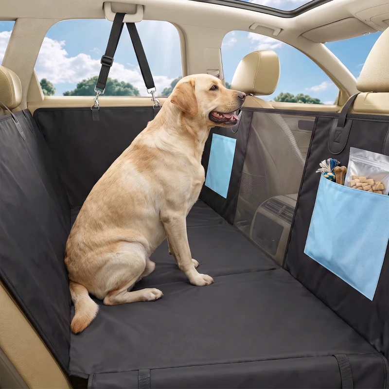 PawHut Dog Car Seat Cover, Waterproof Dog Travel Hammock w/ Non-Slip & Anti-Scratch Surface, Mesh Window and Pockets, Blue