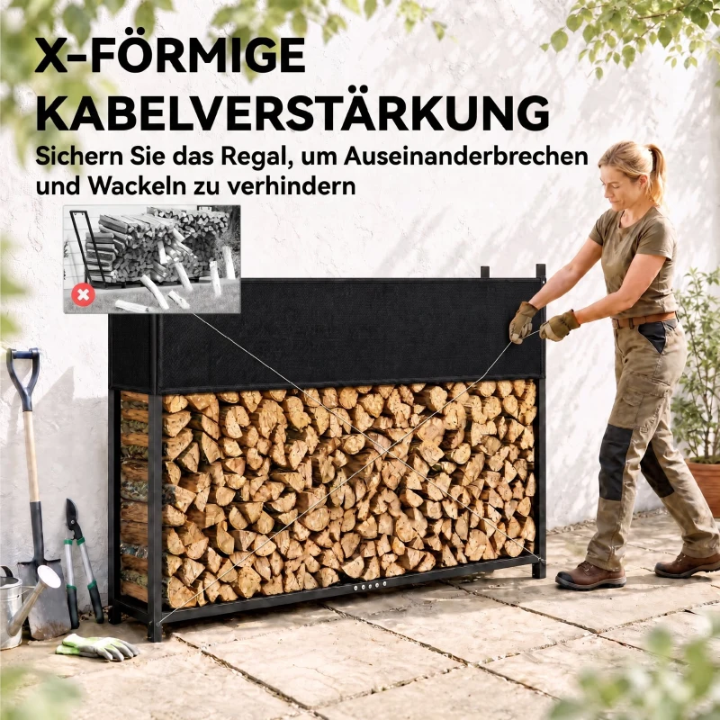Outsunny Kaminholzregal 202 x 25 x 113 cm Brennholzregal mit 600D-Oxford-Abdeckung Stahlrahmen bis 500 kg Schwarz