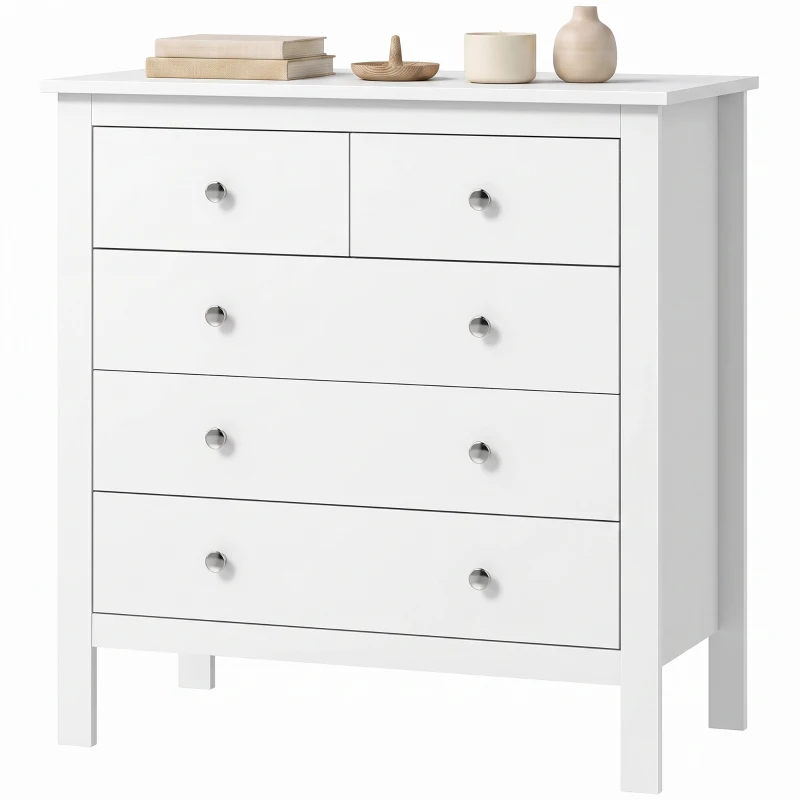 HOMCOM 5 Drawer Chest of Drawers, Modern Dresser for Bedroom, Bedside Storage Cabinet, Wide Storage Unit with Glide Runners for Living Room, Hallway, Closet, 79 x 39.5 x 80.5 cm, White
