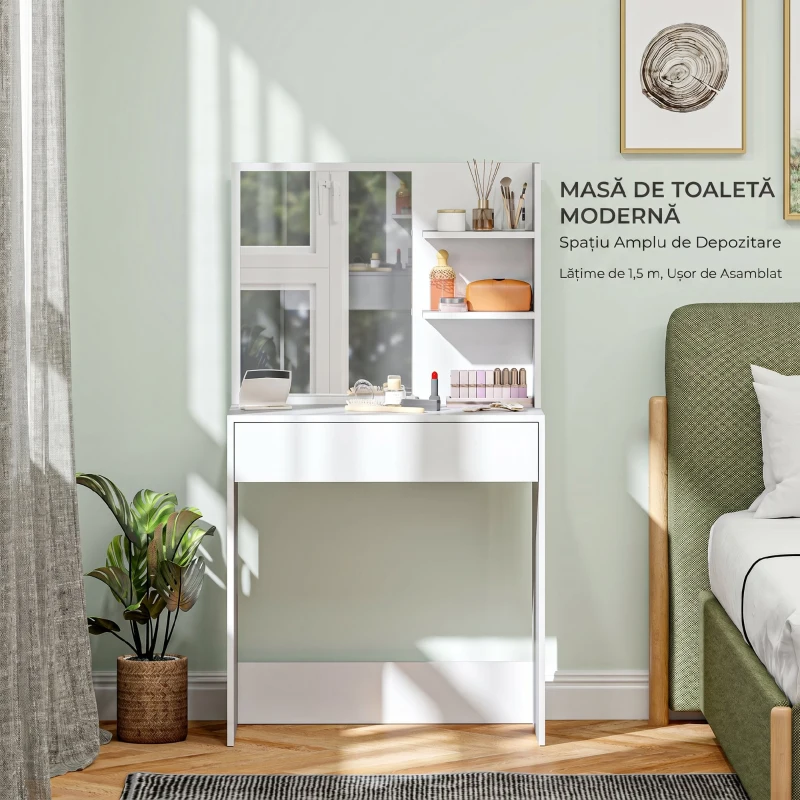 HOMCOM Masă de Machiaj cu Oglindă, 3 Rafturi de Colț și Sertar, din Lemn și Sticlă, 75x40x137 cm, Alb