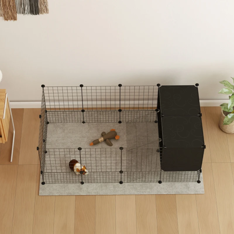 PawHut DIY Small Animal Cage with Elevated Huts, C&C Cage for Guinea Pigs, Hedgehogs, Rabbits, 31 Panels, Black