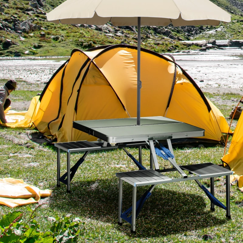 Outsunny Alu Campingtisch Klapptisch Picknicktisch Picknick-Koffer-Sitzgruppe Klapptisch-Gruppe mit 4 Sitzen Silber Alu + MDF 136 x 85,5 x 66 cm