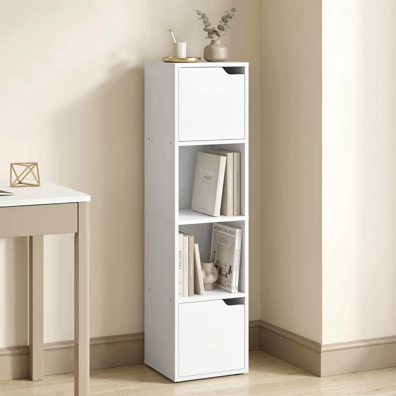HOMCOM Estantería para Libros con 2 Puertas Librería Estrecha de 4 Niveles con 2 Estantes Abiertos 30x29x119 cm Blanco
