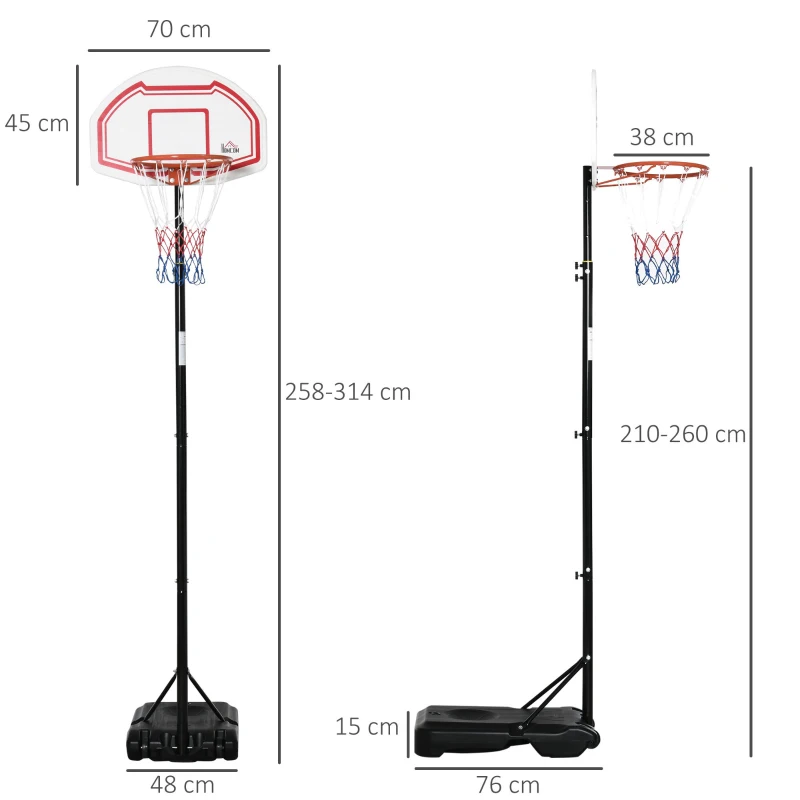 HOMCOM Canestro Basket ad Altezza Regolabile con Base Riempibile e 2 Ruote, in Acciaio, PE e HDPE, 70x45x2 cm