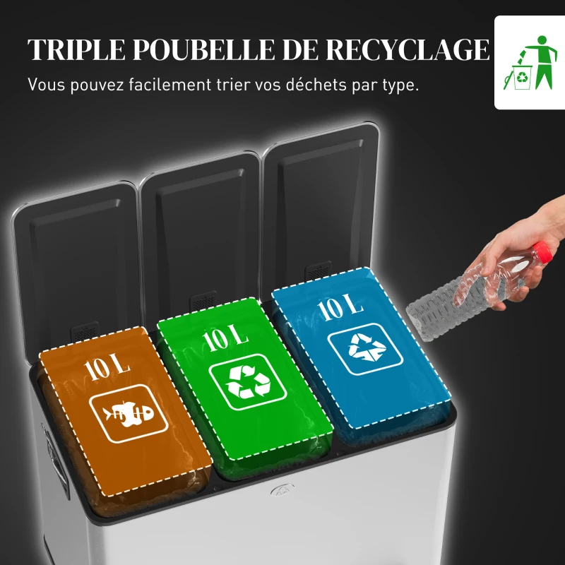 HOMCOM Poubelle de cuisine, poubelle tri sélectif, 3 compartiments de 10L, seaux intérieurs amovibles, 49,6x34,5x38,6cm, argent