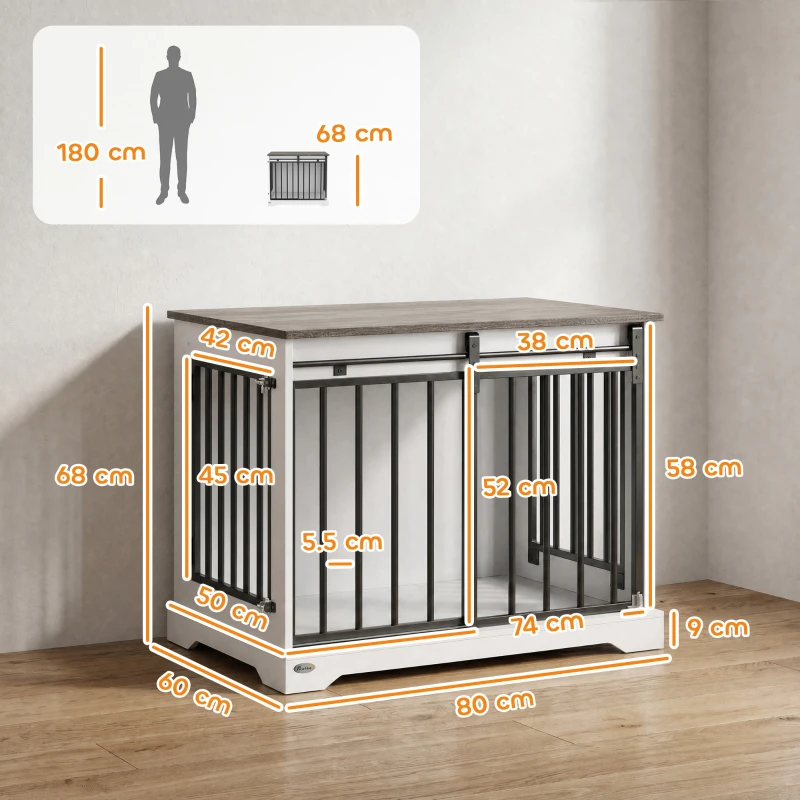 PawHut 80 cm Dog Crate Furniture with Sliding Barn Door for Medium Dogs, White