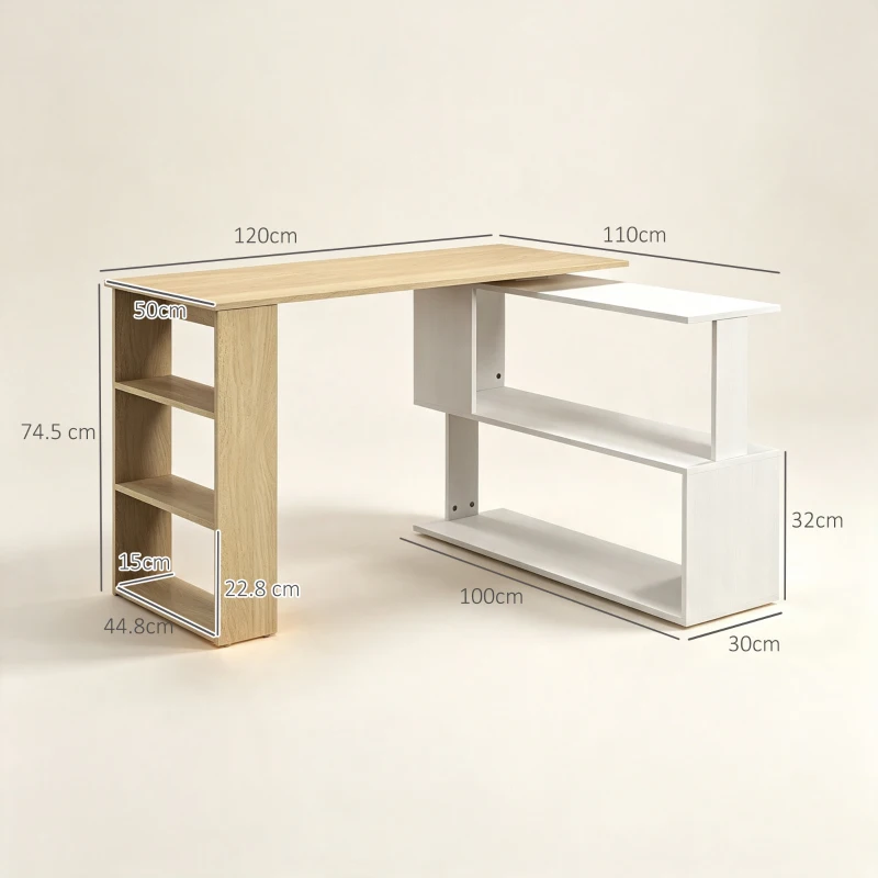 HOMCOM Corner Computer Desk, L Shaped Desk with 360° Rotating Bookshelf, 120L x 110W x 74.5H cm, Natural and White