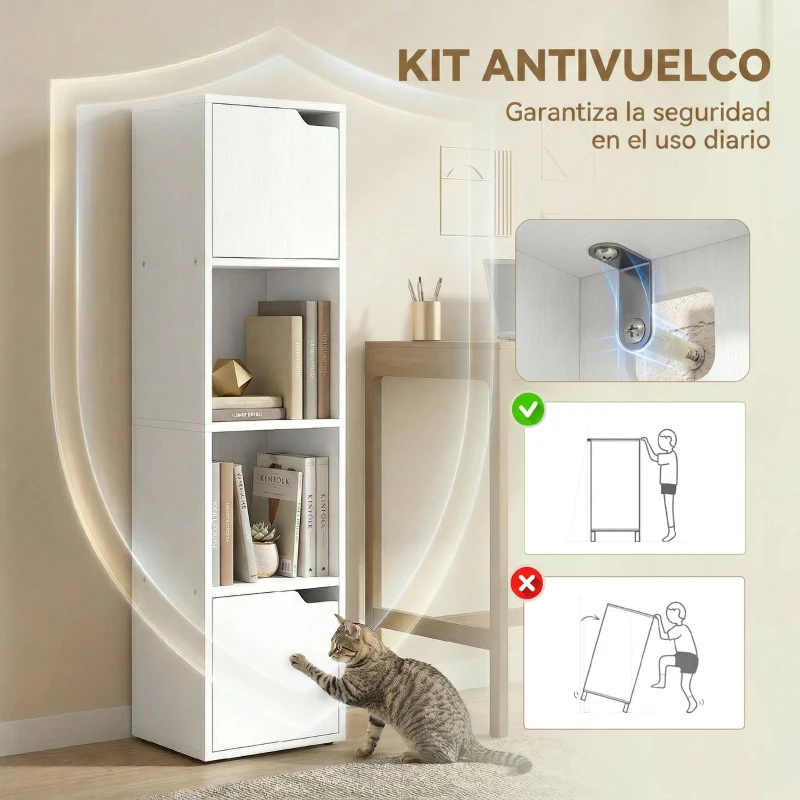 HOMCOM Estantería para Libros con 2 Puertas Librería Estrecha de 4 Niveles con 2 Estantes Abiertos 30x29x119 cm Blanco