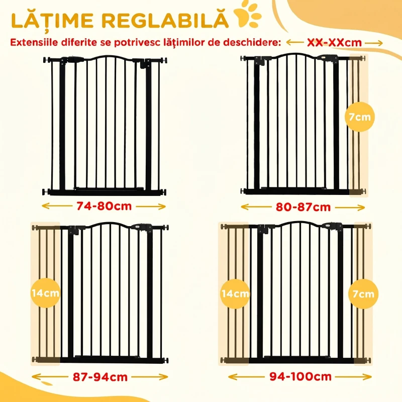 PawHut Poartă Extensibilă pentru Câini cu 4 Șuruburi Reglabile, din Metal și Plastic, 74-100x94 cm, Negru
