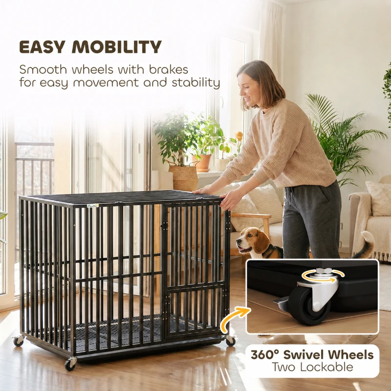 PawHut Heavy Duty Dog Crate, Dog Cage with Wheels for Small Medium Breeds, Metal Pet Kennel with Removable Tray