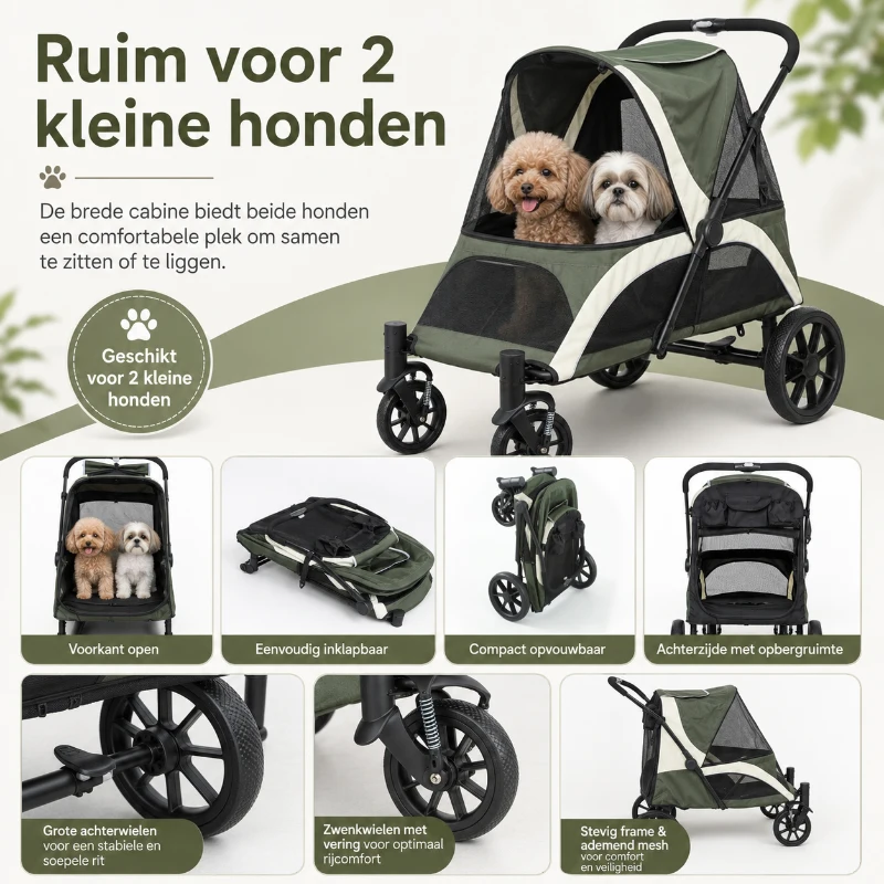 PawHut Opvouwbare Hondenbuggy voor 2 Kleine Honden tot 25 kg Donkergroen(m-4)