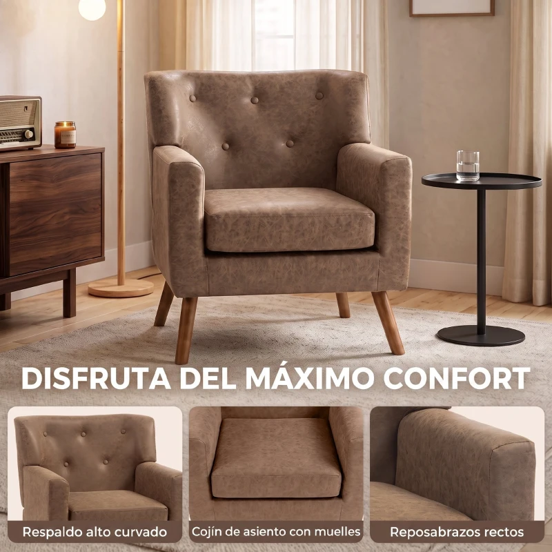 HOMCOM Sillón Relax Sofá Individual de PU Cojín de Asiento con Muelles Respaldo Acolchado Patas de Madera 72x76x80 cm Marrón