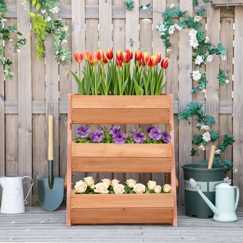 Outsunny Vertikales Hochbeet mit 3 Etagen Vertikalbeet aus Holz Blumenkasten mit 3 Pflanzkästen Ablauflöchern Braun