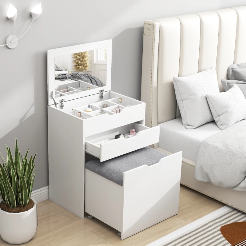 HOMCOM Tocador de Maquillaje con Taburete Oculto Espejo Abatible Cajón y 7 Compartimentos Taburete con Almacenamiento Blanco