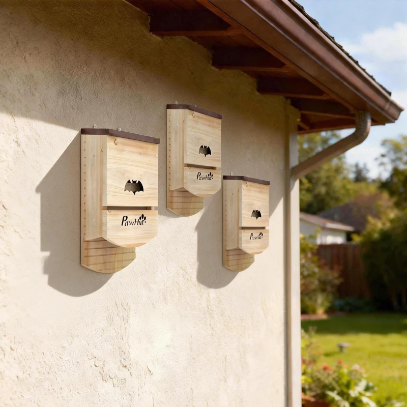 PawHut Bat Boxes, Pack of 3 Wooden Bat Houses for Outdoor, Garden, Farm, Easy to Hang, 23 x 9.5 x 36.5 cm, Natural
