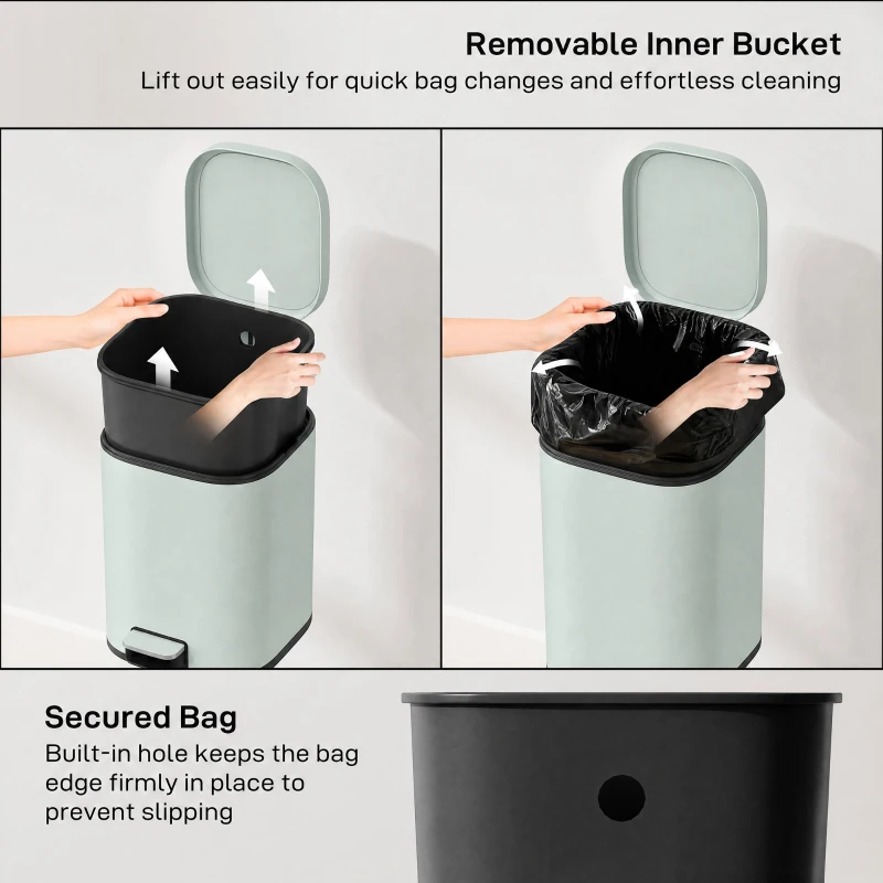 HOMCOM 30L Kitchen Bin, Compact Pedal Bin with Soft-Close and Stay-Open Lid, Removable Bucket for Kitchen, Home, Office, Green