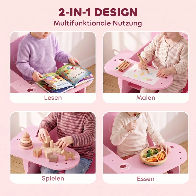 AIYAPLAY Kindertisch mit Stuhl 2-in-1 Integrierte Kindersitzgruppe mit Stauraum Platzsparend für Kinder 3-5 Jahren Rosa