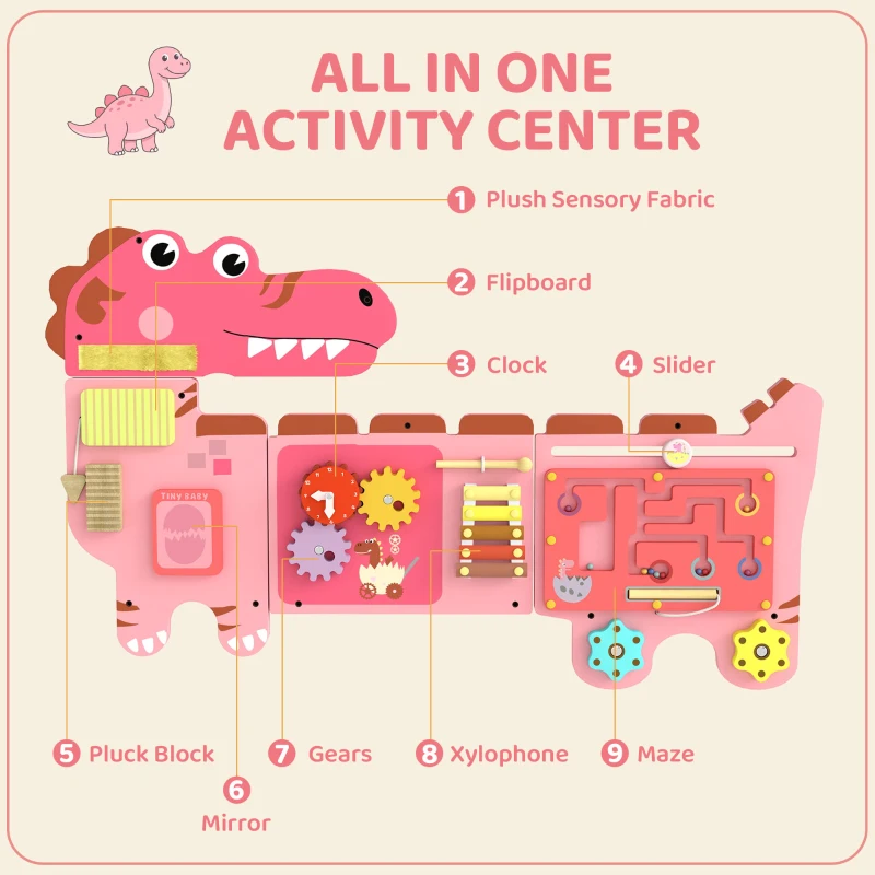 AIYAPLAY Busy Board Panels, Wall Mounted Montessori Inspired Busy Board, Toddler Learning Centre Dinosaur Theme, Pink