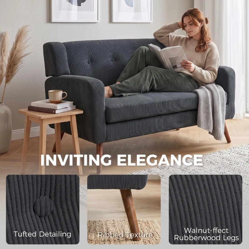HOMCOM 2 Seater Sofa, 118 cm Corduroy Small Loveseat with Spring Cushion, Wood Legs for Small Space, Living Room, Dark Grey