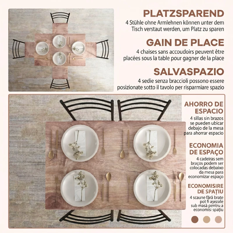 HOMCOM Set din 5 Piese cu Masă de Bucătărie Dreptunghiulară și 4 Scaune Moderne din MDF și Oțel, 110x70x75 cm , Maro