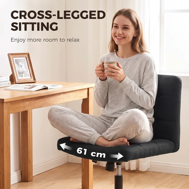 HOMCOM Armless Office Chair, Cross Legged Linen Computer Desk Vanity Chair with Wide Seat, Rocking Function, Black
