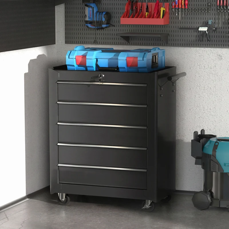 HOMCOM 5-Drawer Tool Chest with Wheels, Steel Lockable Tool Storage Cabinet with Handle, 2 Keys for Garage, Workshop, Black