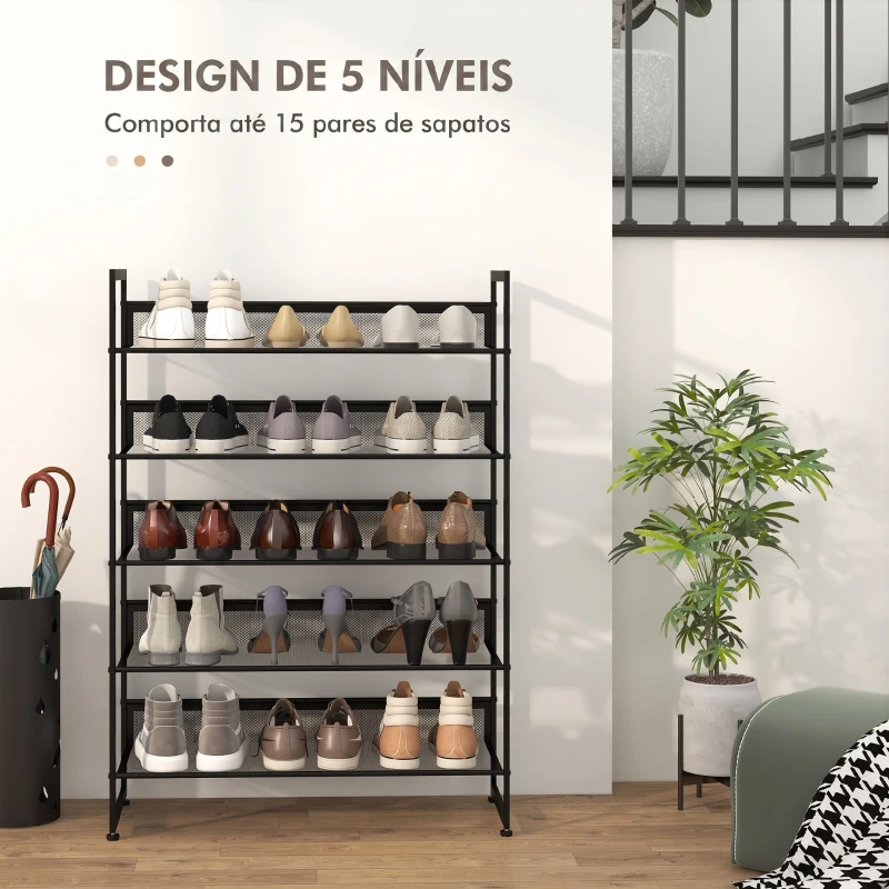 HOMCOM Sapateira Estreita de 5 Níveis em Aço para 15 Pares, Preta