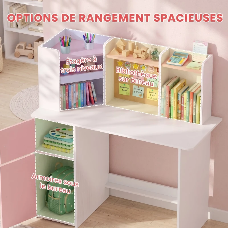 AIYAPLAY Bureau Enfant avec Chaise, Table d'Étude, Support de Tablette Réglable, Porte-Stylos, Panneau en Liège, 5-12 ans, Rose
