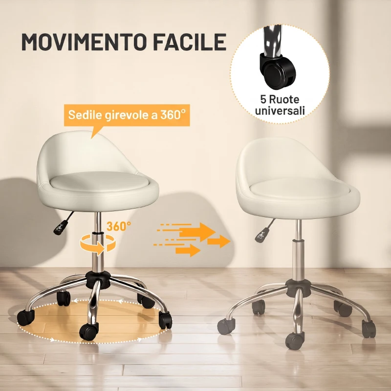 HOMCOM Sgabello con Ruote, Seduta Girevole, Altezza Regolabile e Rivestimento in Finta Pelle PU, Bianco