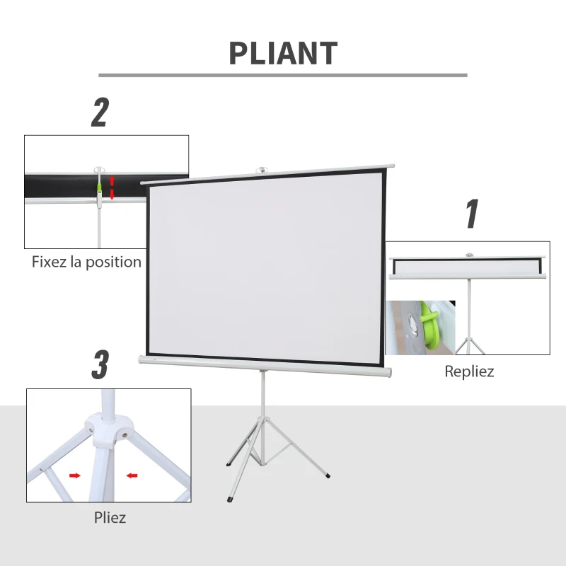 HOMCOM Écran de Projection avec Trépied Pliable 84 Pouces 4K HD 4:3, 180L cm, Écran Vidéoprojecteur, Hauteur Réglable, Angle de Vision 160°, pour Home Cinéma, Films en Intérieur/Extérieur, Blanc