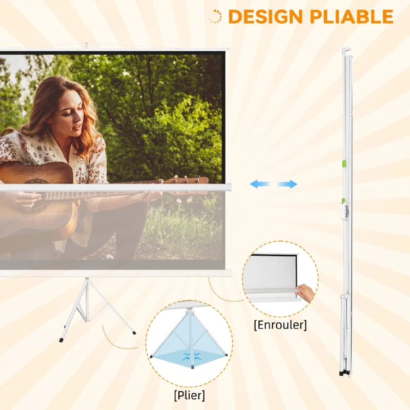 HOMCOM Écran de projection avec trépied pliable 120 pouces 4K HD 4:3, écran vidéoprojecteur réglable en hauteur, blanc